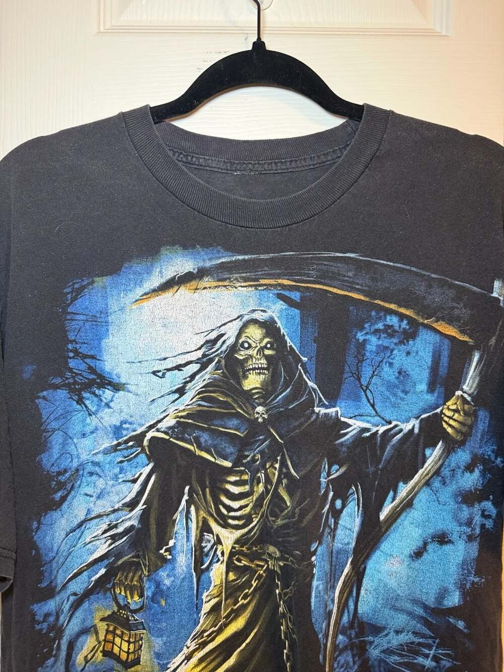 Vintage Grim Reaper Graphic T-Shirt Black Hooded Skeleton Scythe